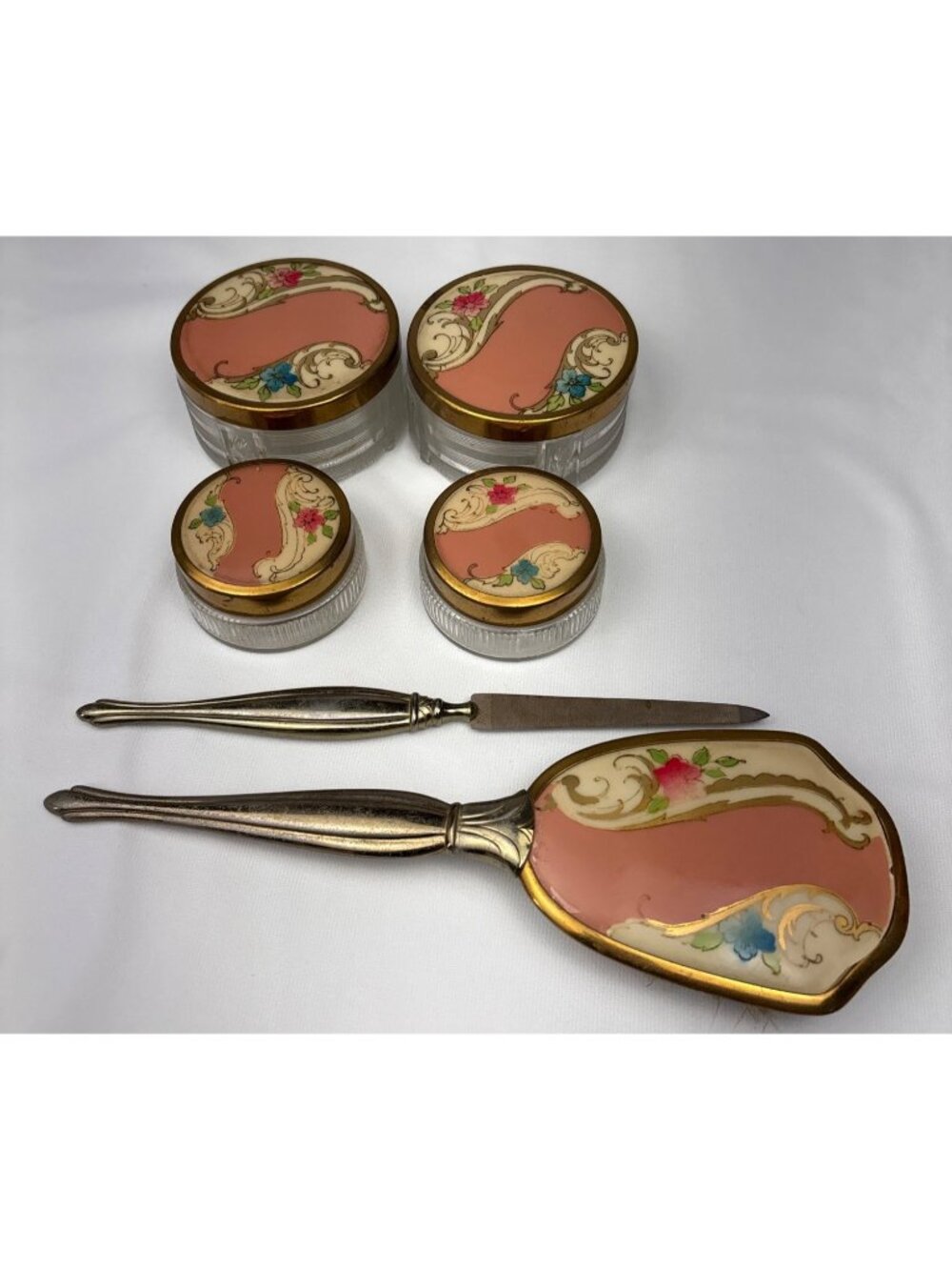 Glass Vanity Jar Brush Set Hand-Painted Pink Floral Gold Trim Retro Vintage